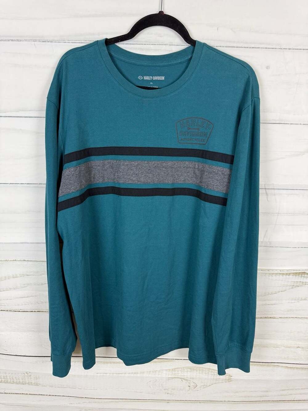 Harley-Davidson Men's Teal Long Sleeve Graphic T-Shirt with Horizontal Striped